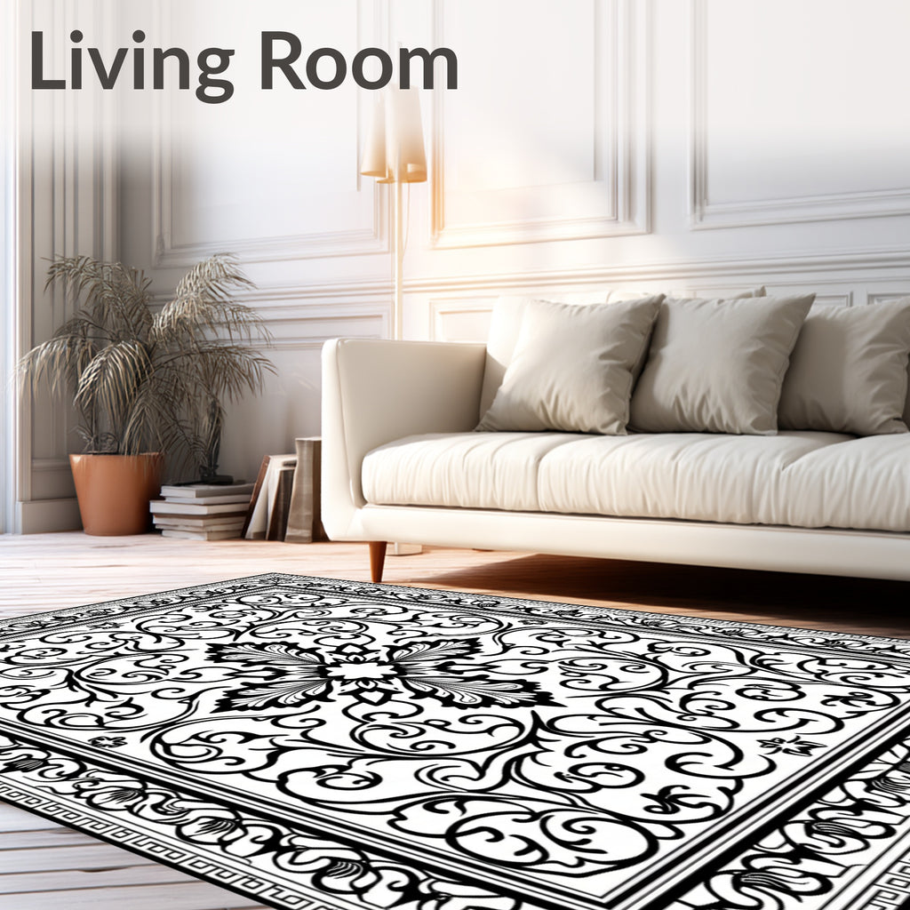 Ornate Black and White Floral Medallion Rug