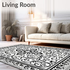 Ornate Black and White Floral Medallion Rug