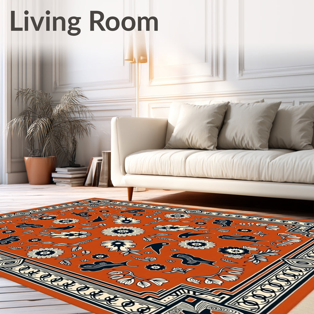 Terracotta Midnight Floral Bird Medallion Rug