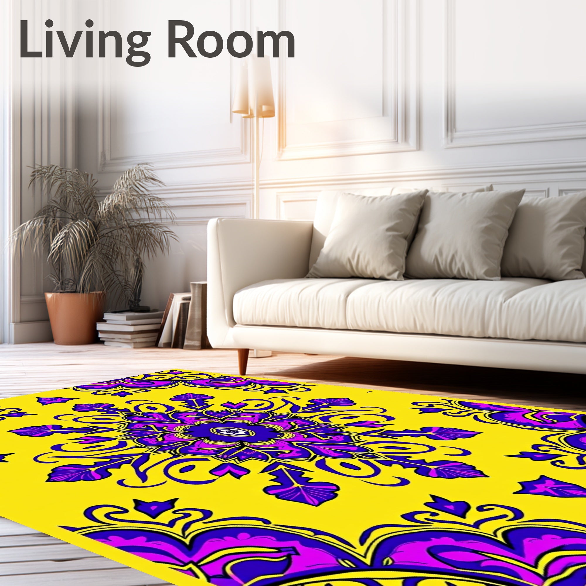 Vibrant Yellow Purple Symmetrical Floral Rug