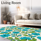Retro Blue Floral Vine Cream Rug