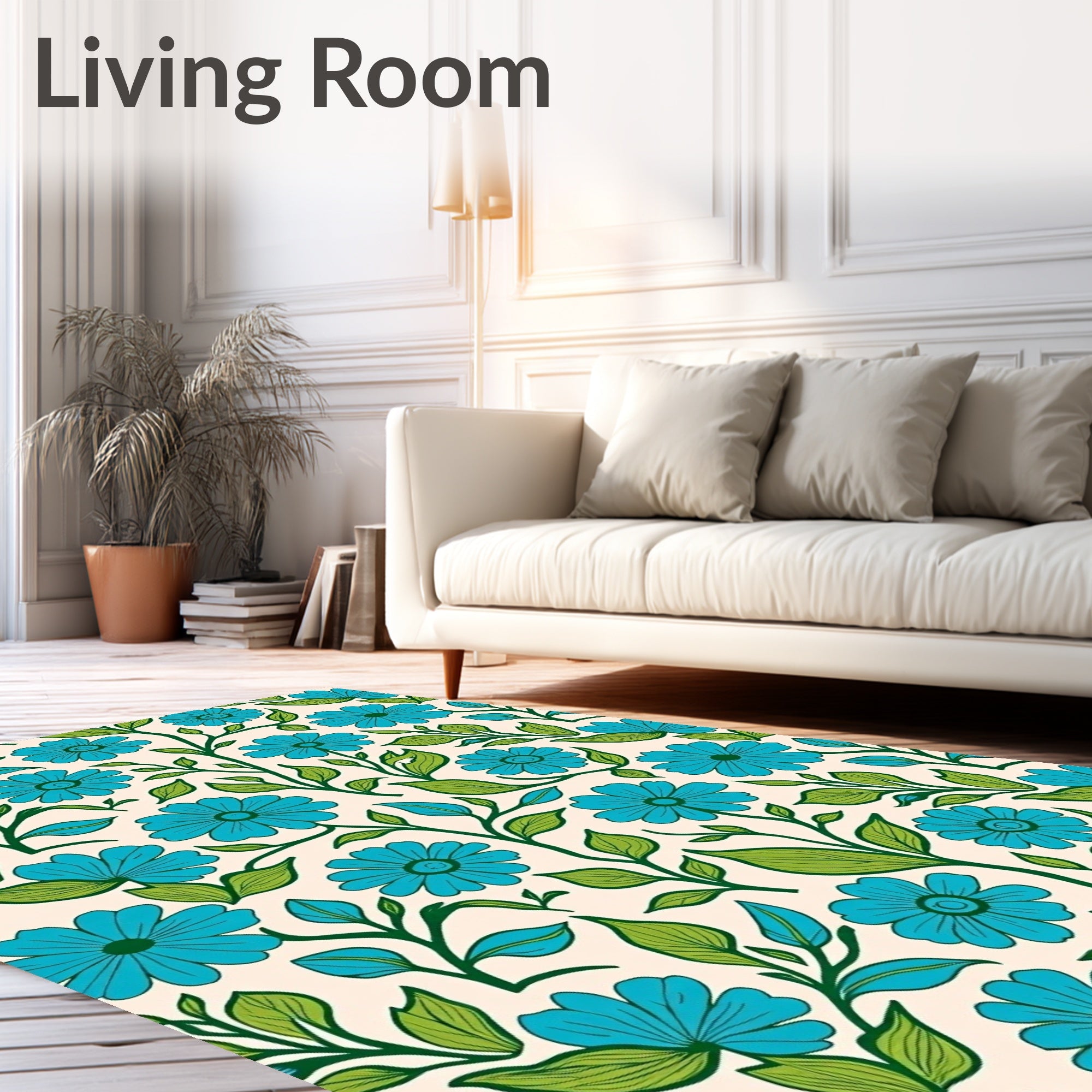 Retro Blue Floral Vine Cream Rug