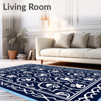 Navy White Intricate Floral Motif Rug