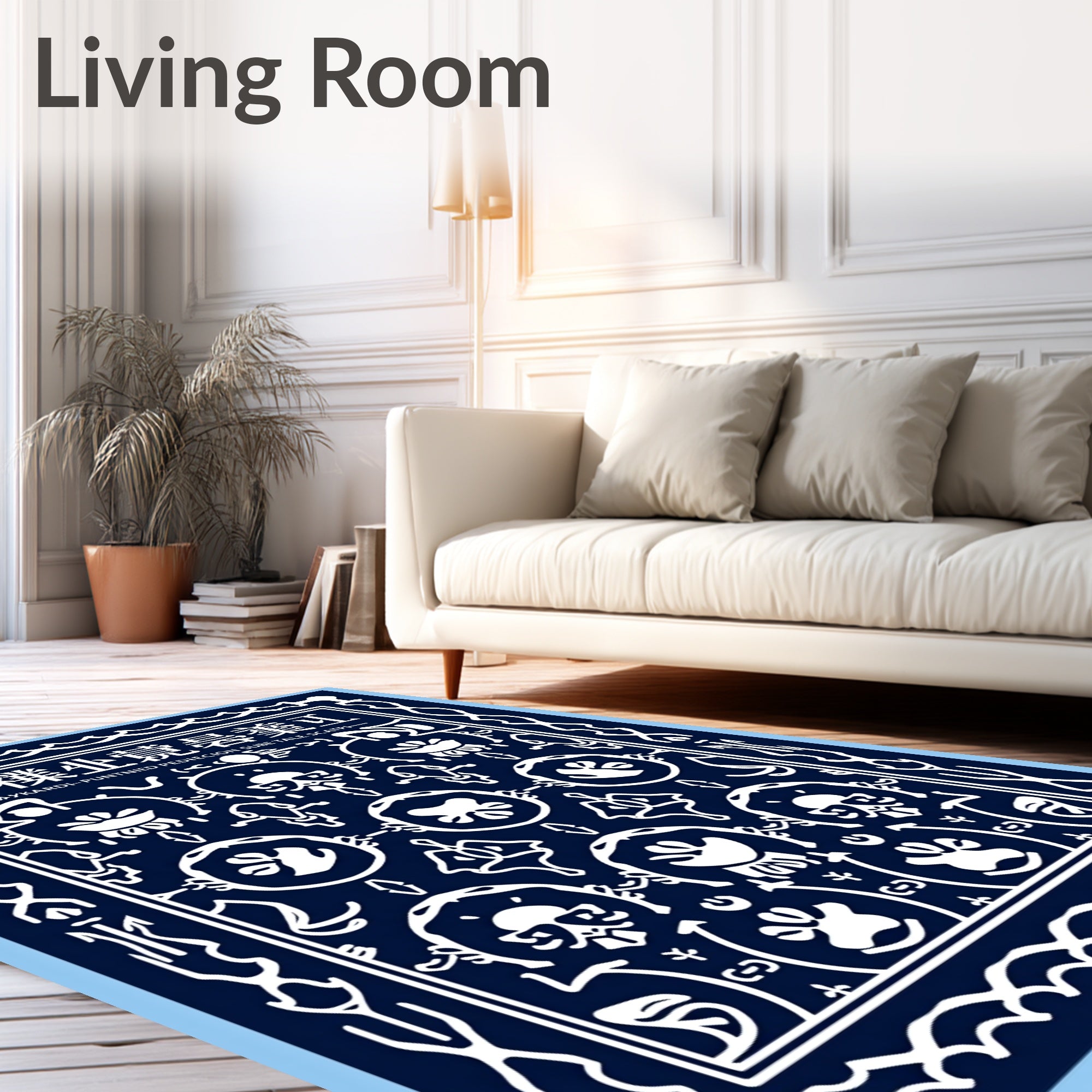 Navy White Intricate Floral Motif Rug