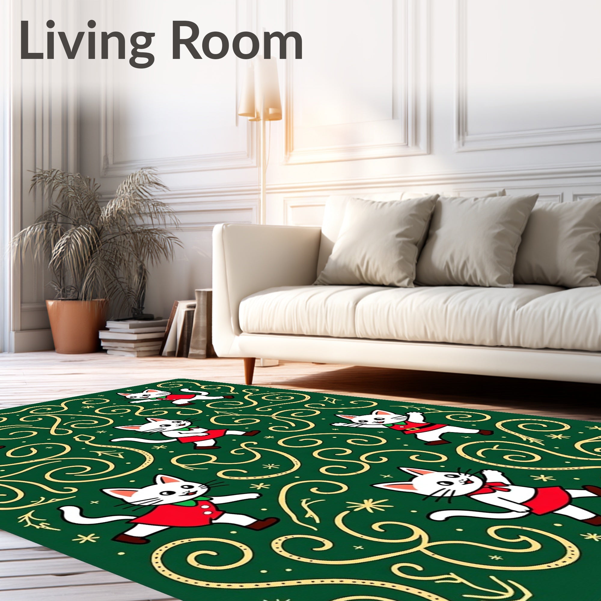 Festive Green Cat Swirl Holiday Rug