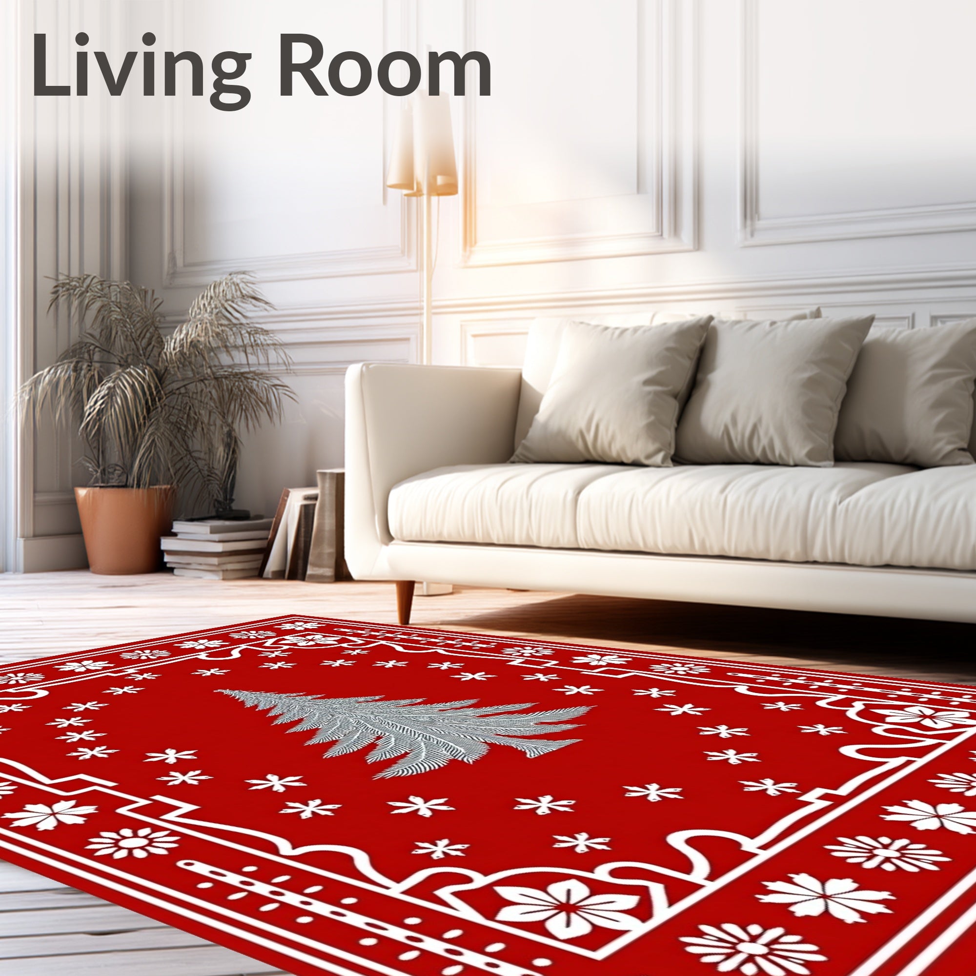 Crimson Winter Tree Snowflake Border Rug