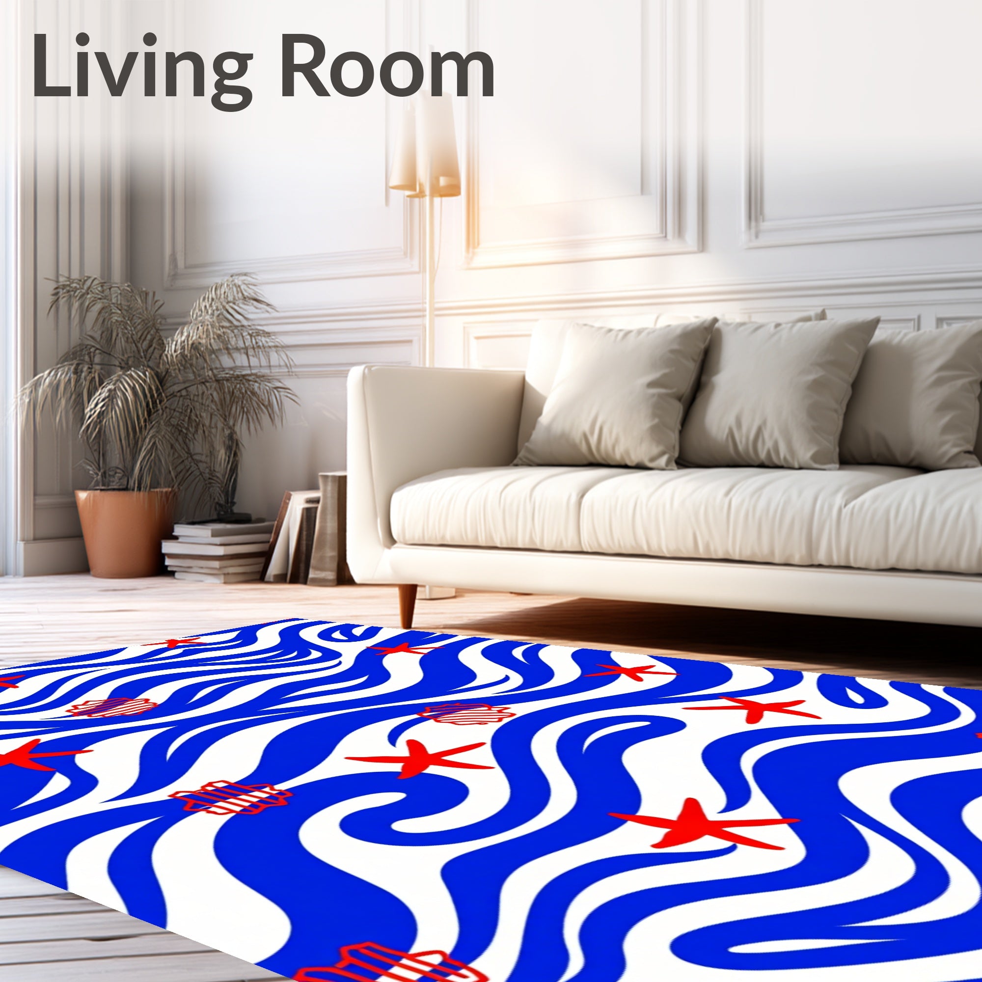 Red Starfish Blue Wave Seascape Rug