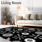 Black White Floral Starburst Fern Rug