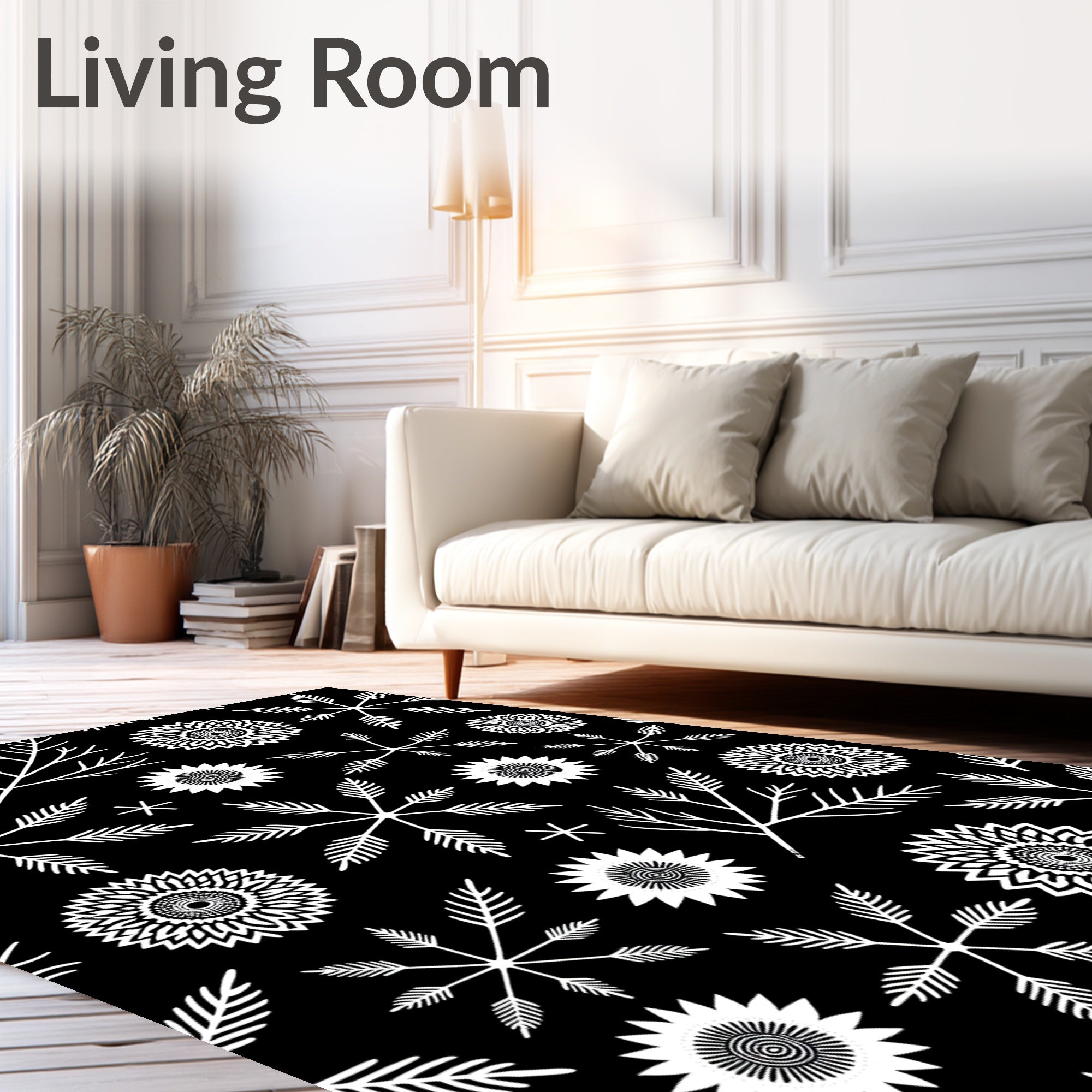 Black White Floral Starburst Fern Rug
