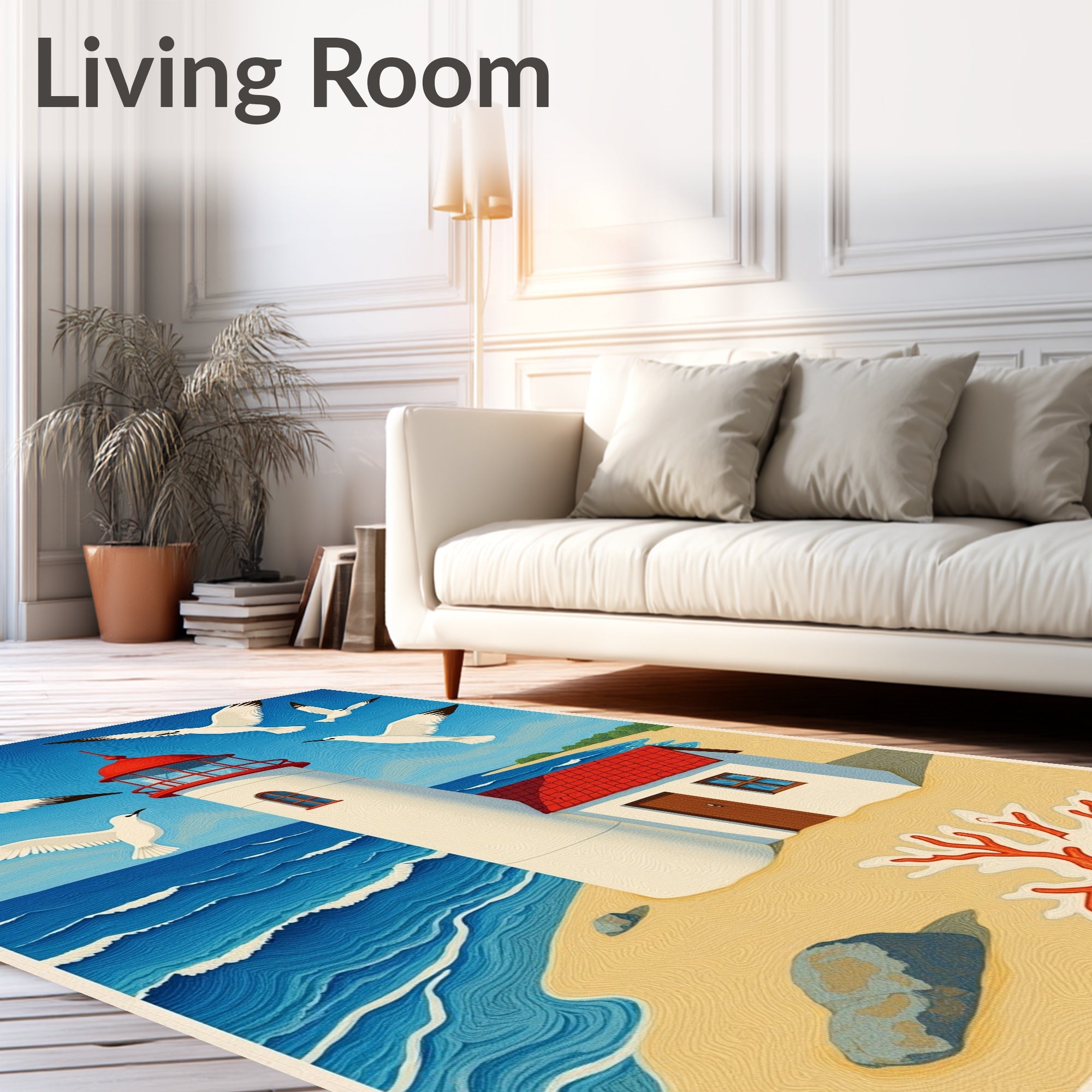 Coastal Seaside Lighthouse Seagull Scene Rug