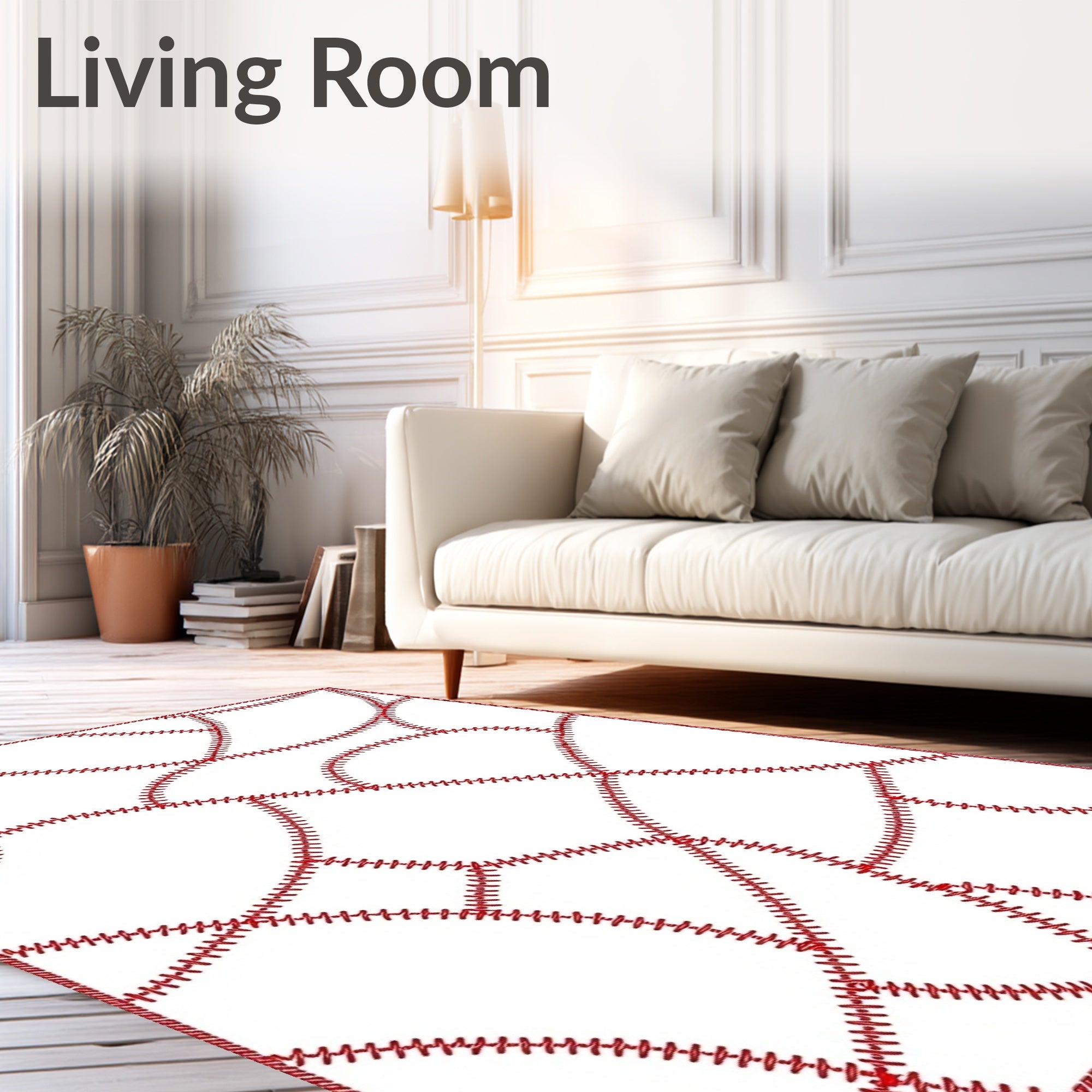 Red Stitched White Geometric Patchwork Rug