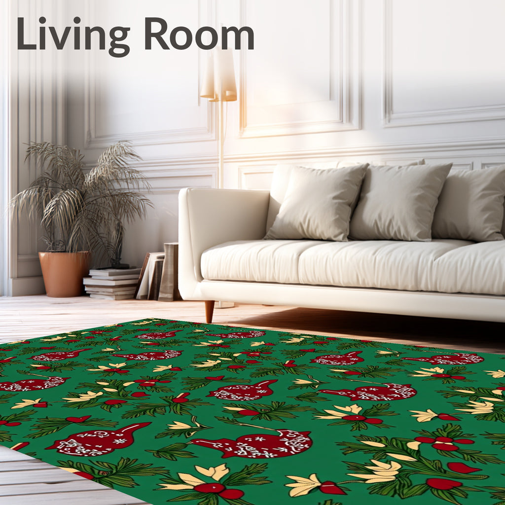 Festive Red Birds Green Holiday Foliage Rug