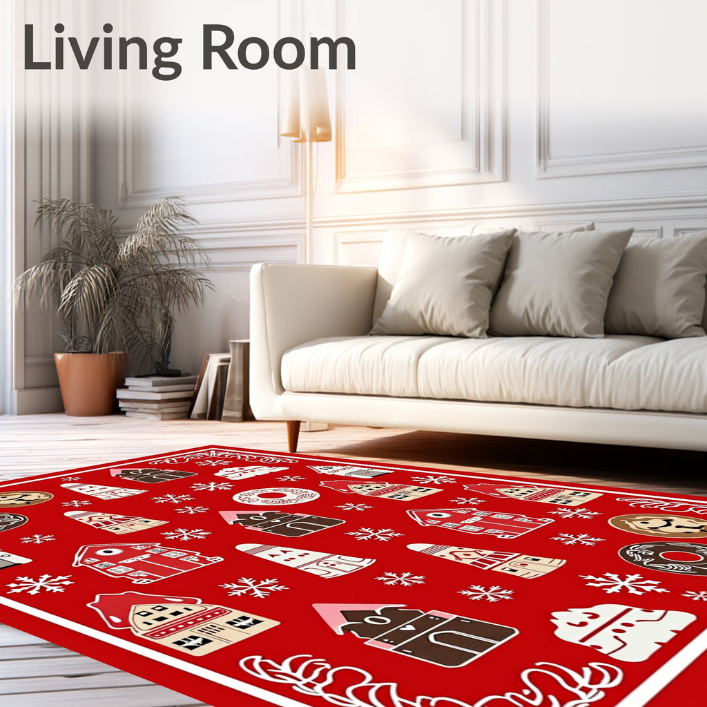 Red Gingerbread Town Snowflakes Rug