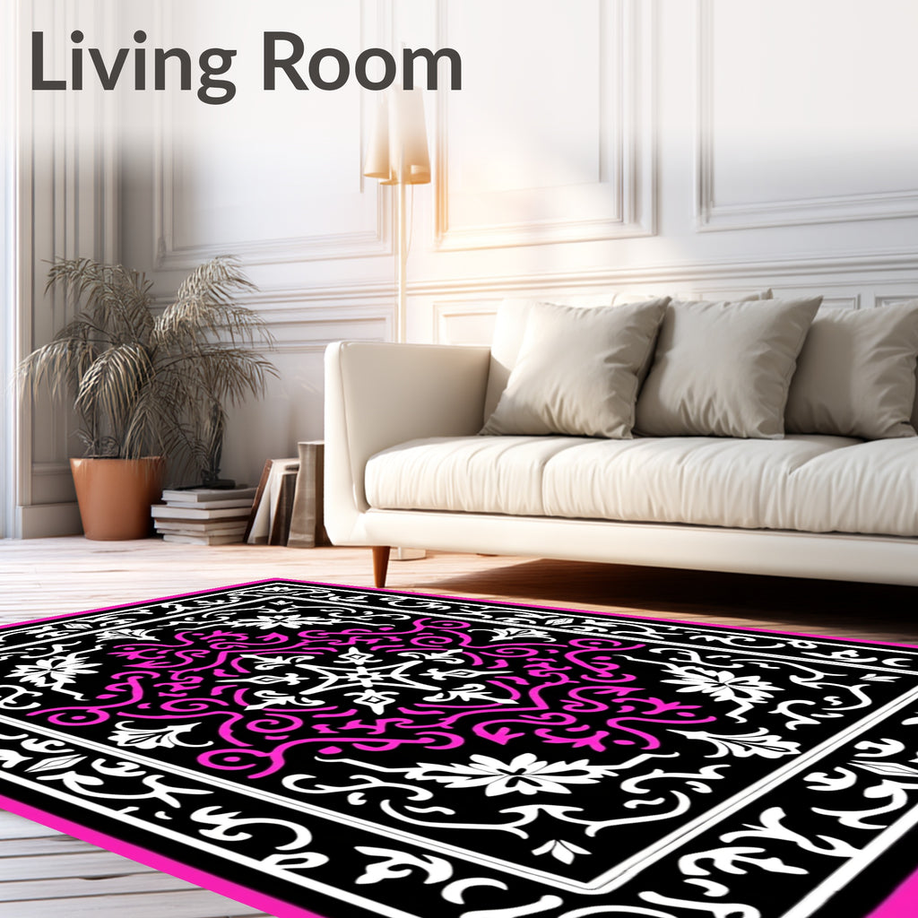 Bold Pink Black Floral Medallion Rug
