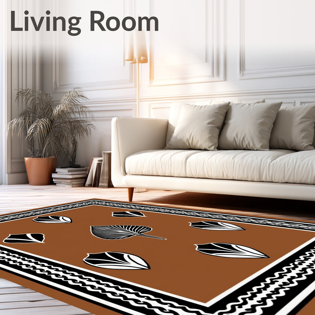 Rich Brown Botanical Leaf Arrangement Rug