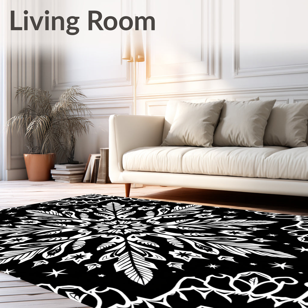 Ornate White Floral Mandala Black Rug