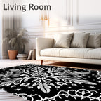 Ornate White Floral Mandala Black Rug