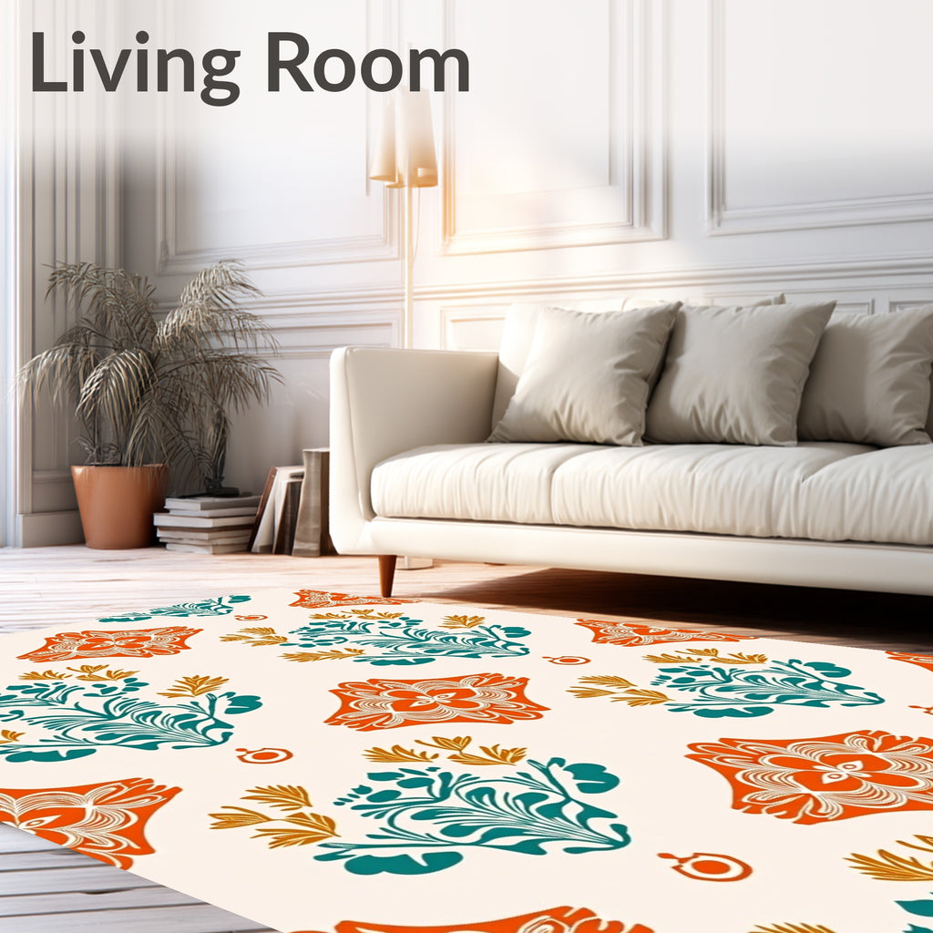Orange Teal Floral Garden Damask Rug
