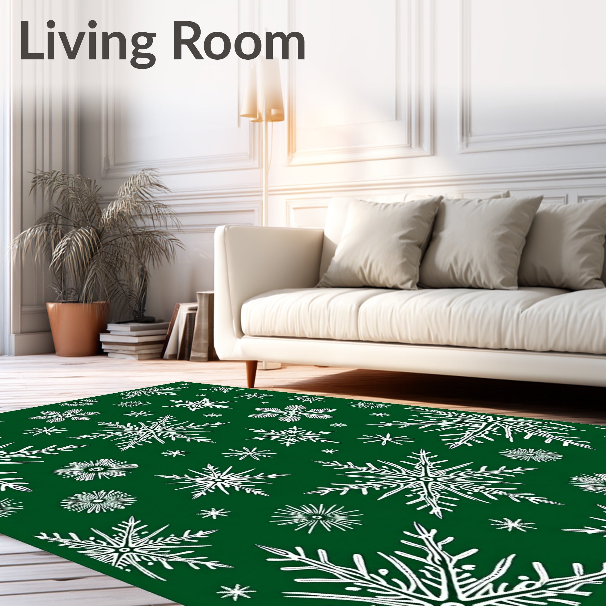 White Snowflake Garland On Forest Green Rug