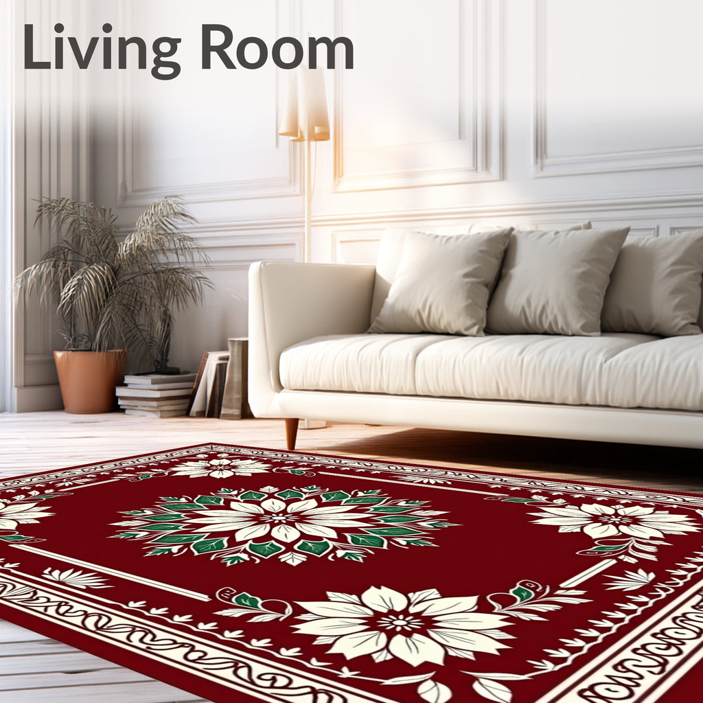 Deep Red Floral Medallion Scroll Rug