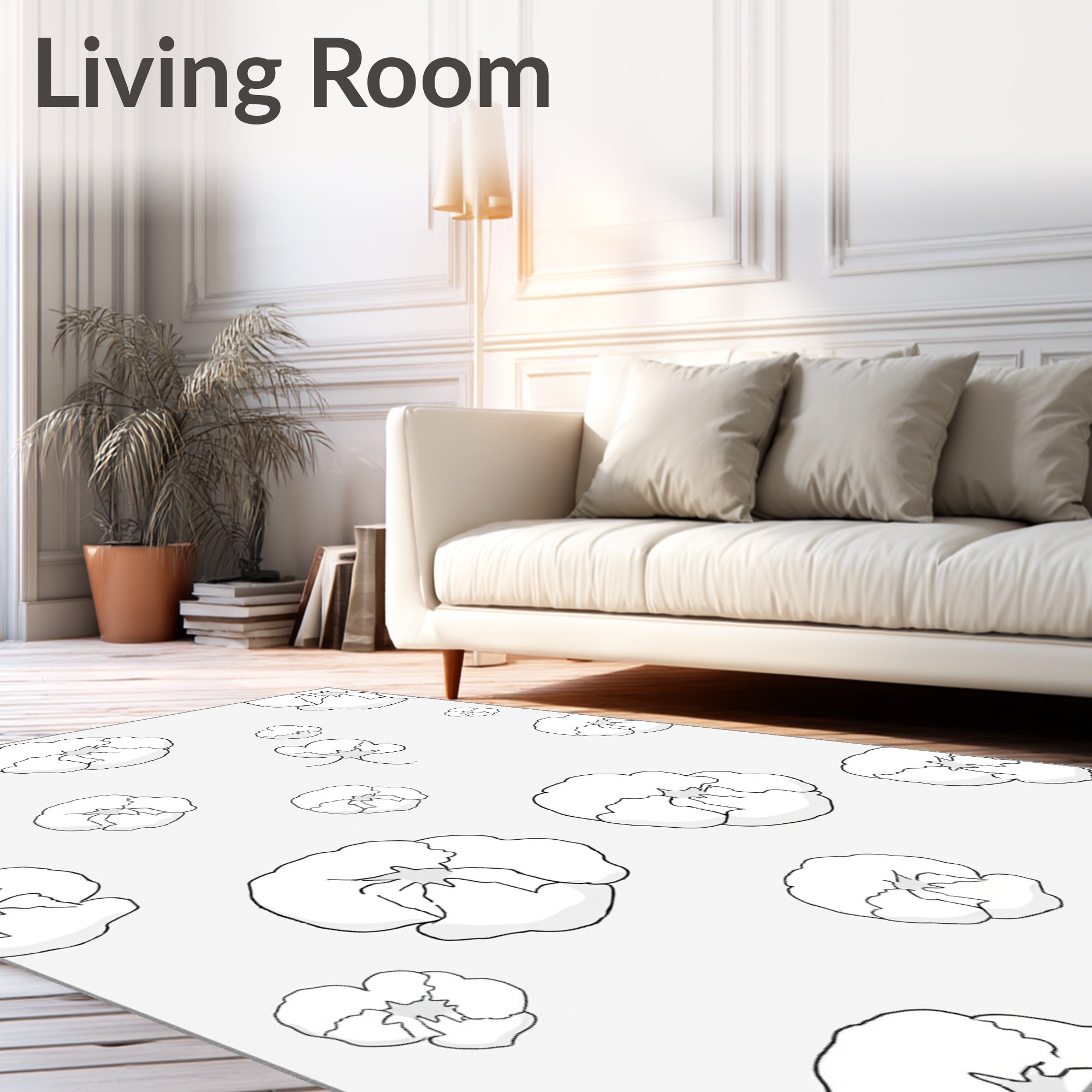 Pansy Floral Scatter White Line Drawing Rug