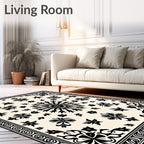 Black Floral Medallion Ivory Border Rug