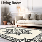 Ornate Black Cream Medallion Border Rug
