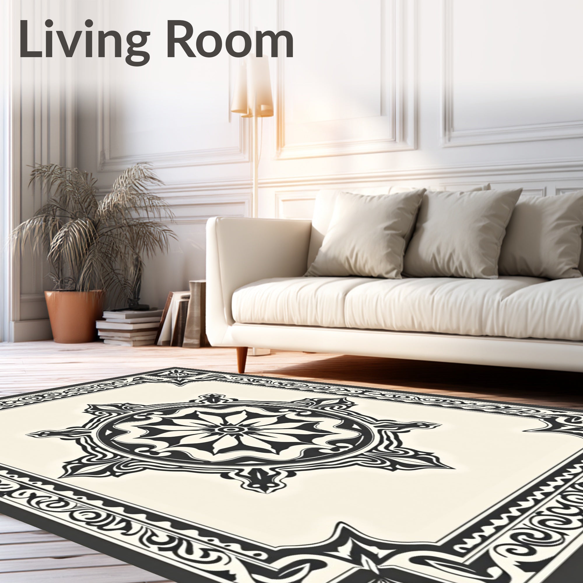 Ornate Black Cream Medallion Border Rug