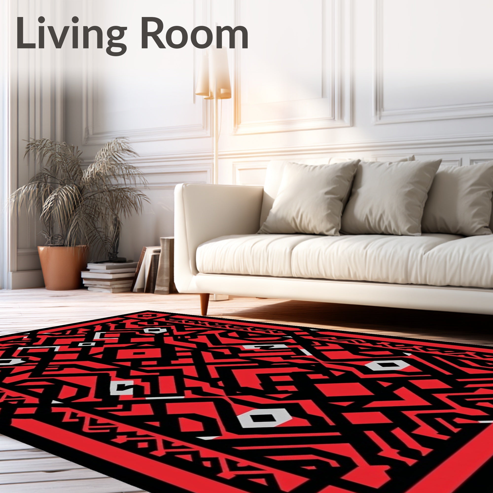Bold Red Black Geometric Labyrinth Rug