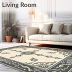 Ornate Off-White Charcoal Damask Border Rug