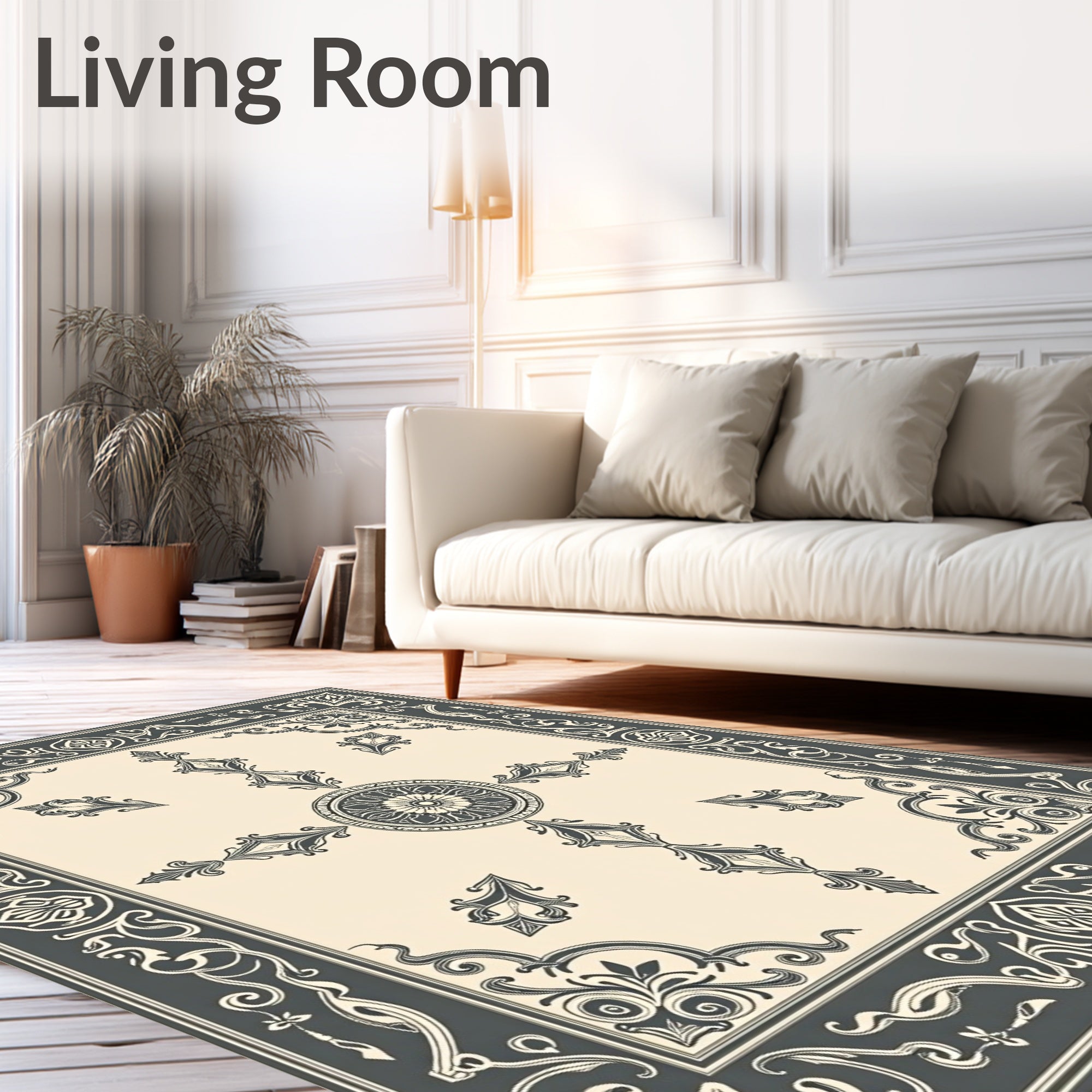Ornate Off-White Charcoal Damask Border Rug