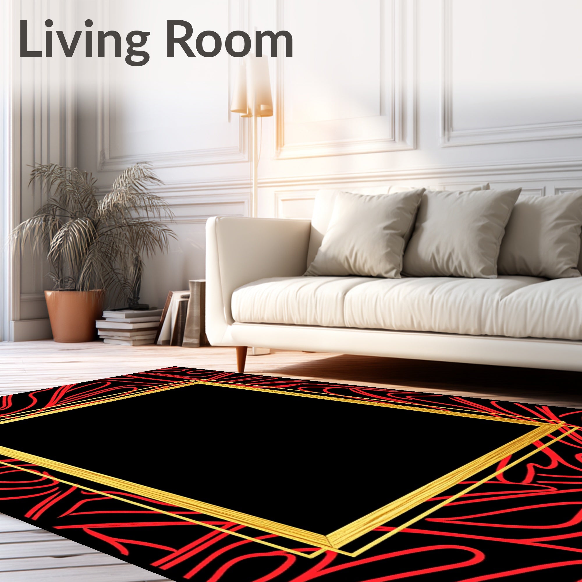 Bold Crimson Swirls Gold Frame Rug