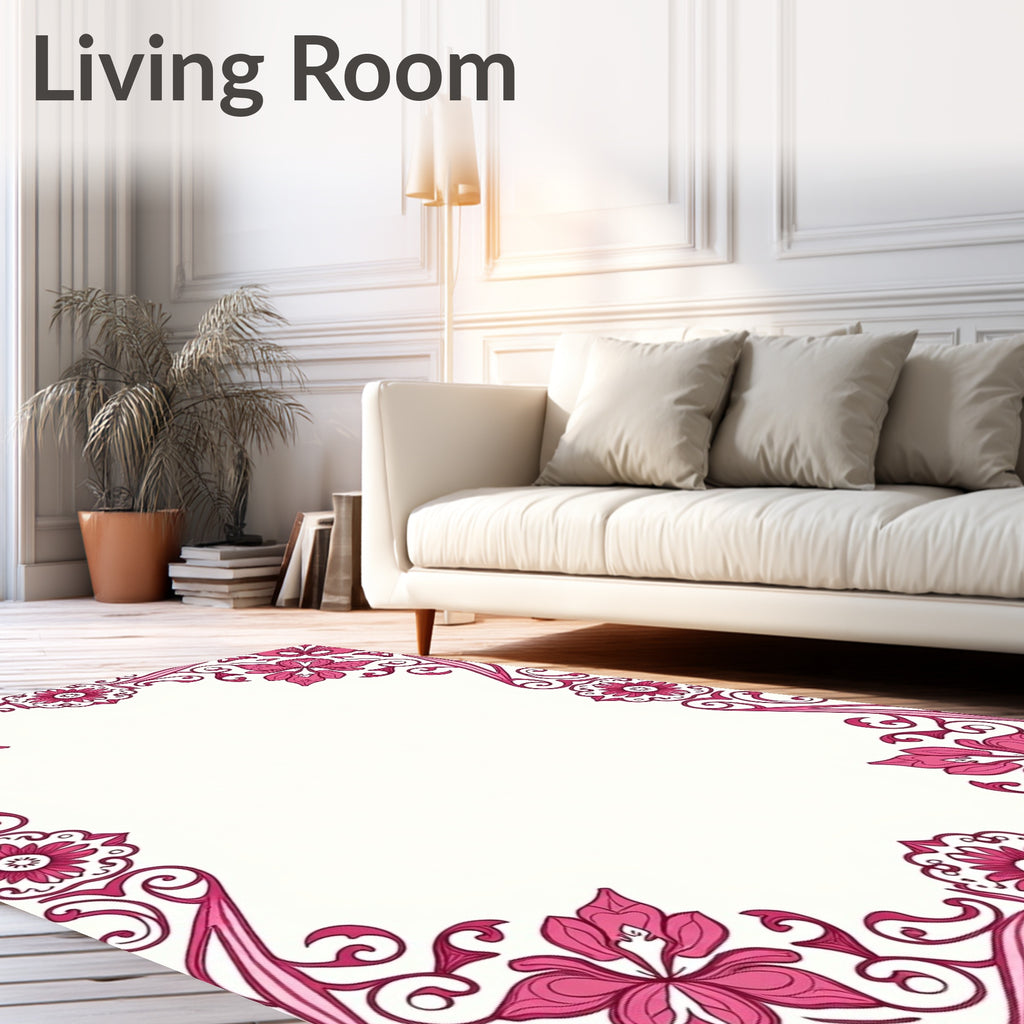 Magnificent Fuchsia Floral Scrollwork Border Rug