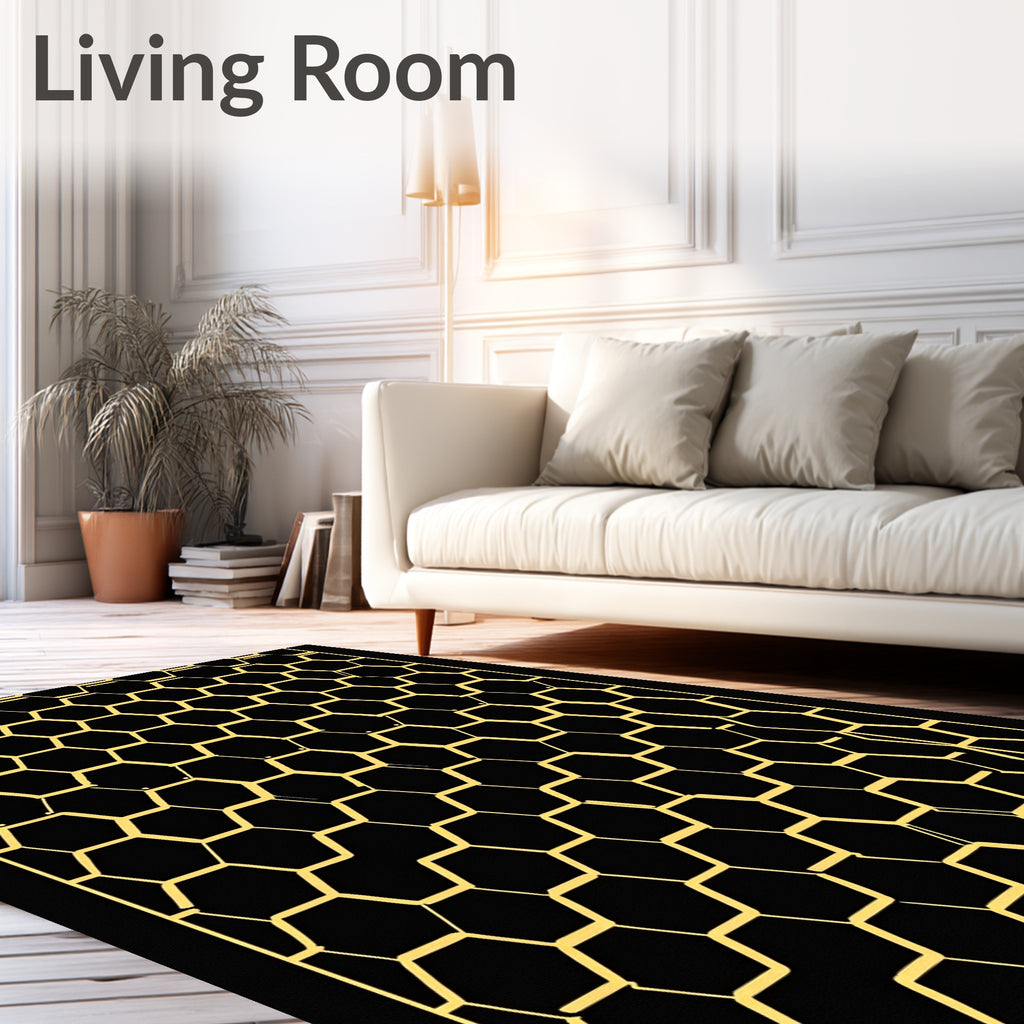 Bold Black and Gold Hexagon Grid Rug