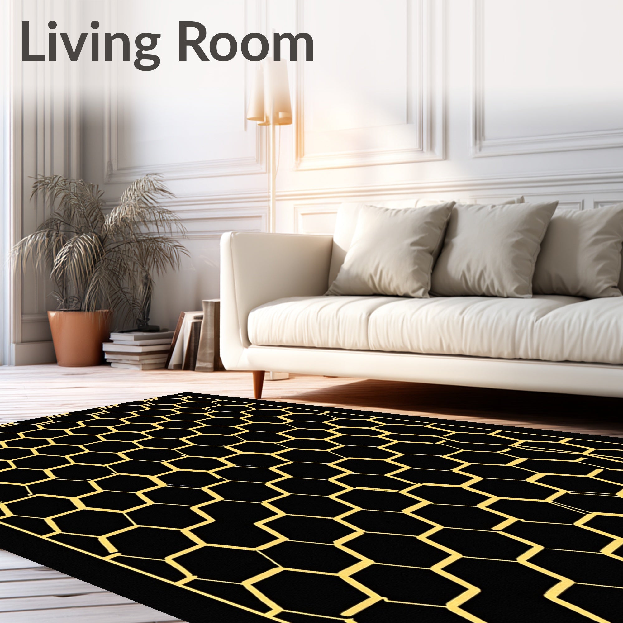 Bold Black and Gold Hexagon Grid Rug