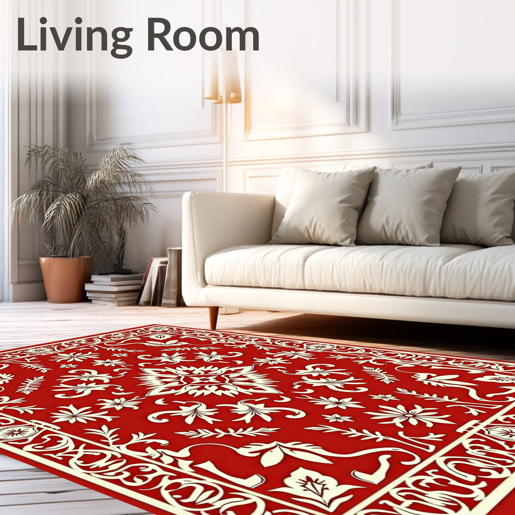 Crimson Floral Scroll Border Rug