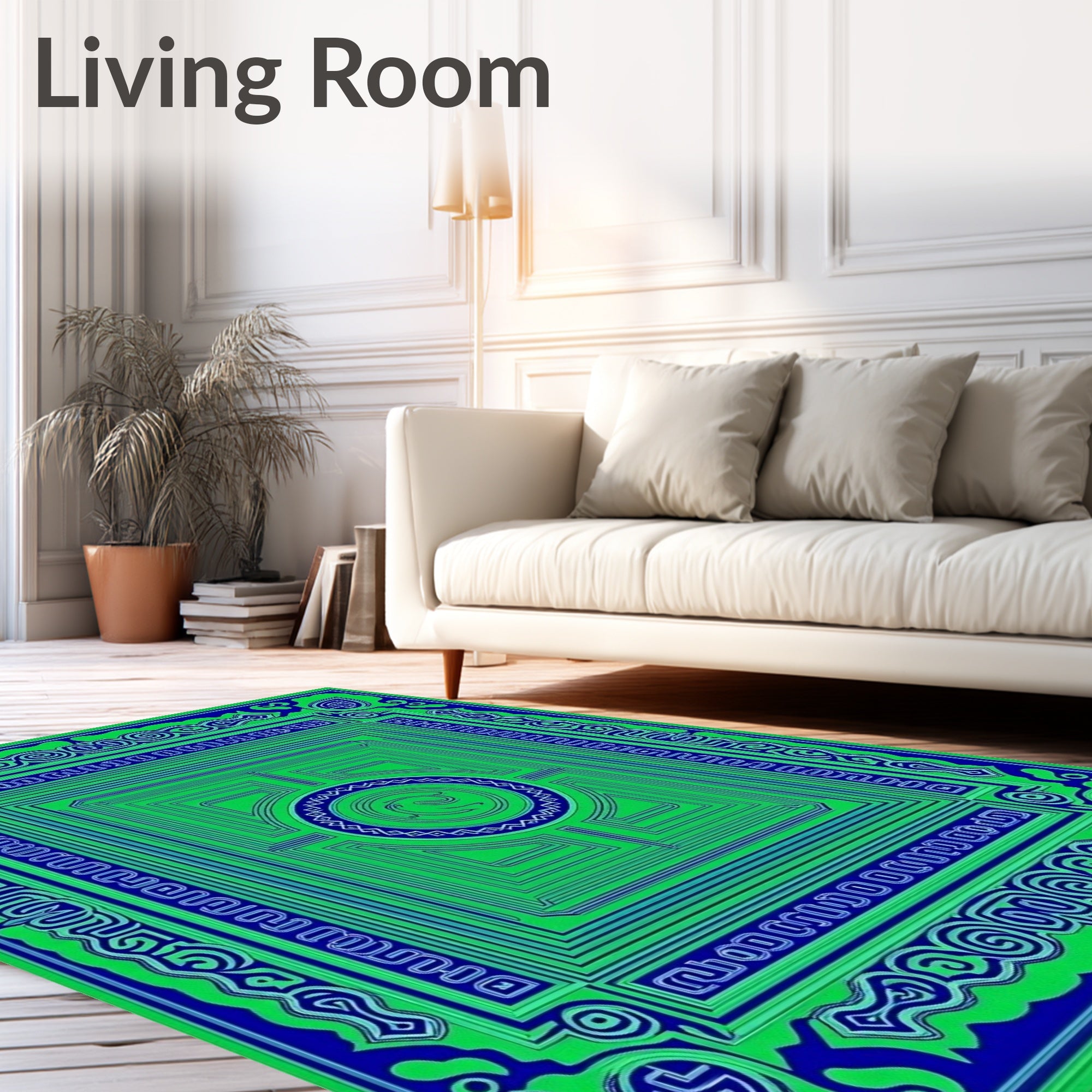 Vibrant Green Blue Geometric Maze Rug