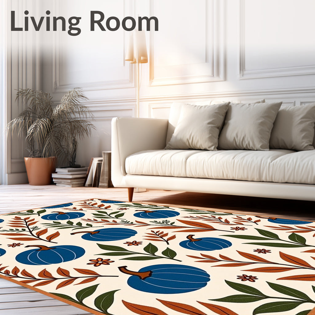 Cobalt Blue Pumpkin Autumn Floral Vine Rug