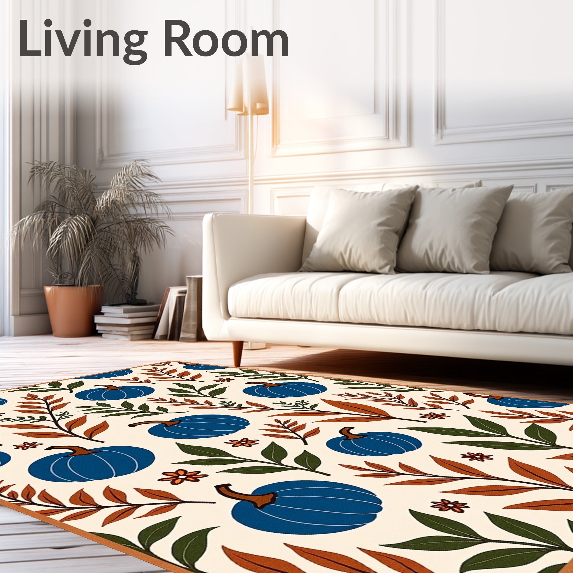 Cobalt Blue Pumpkin Autumn Floral Vine Rug