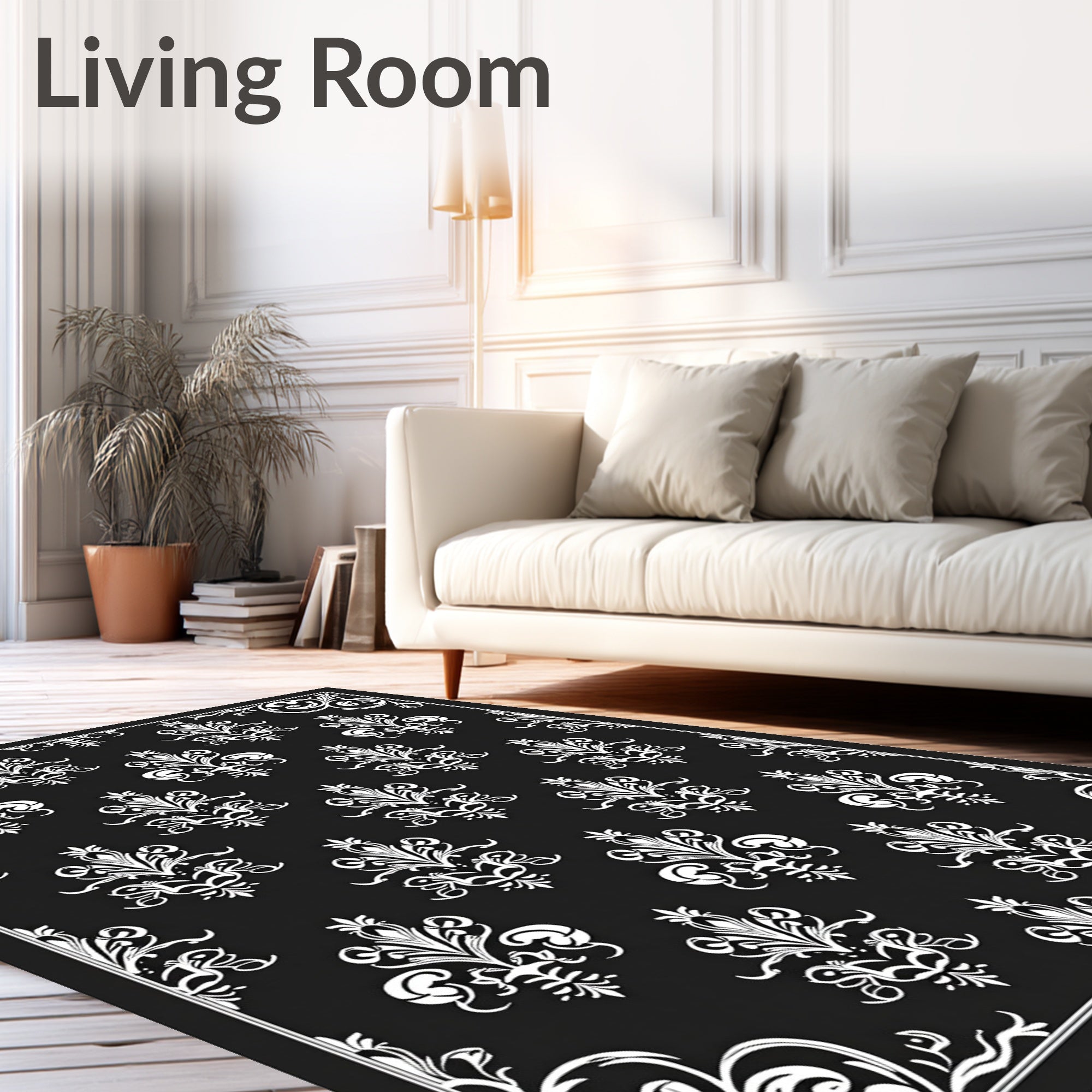 Classic Black White Damask Scroll Rug