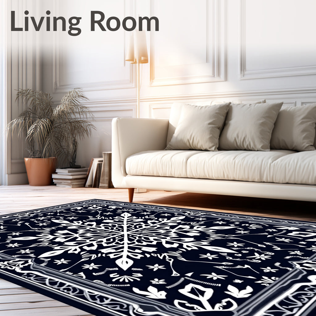 Navy White Snowflake Medallion Frame Rug