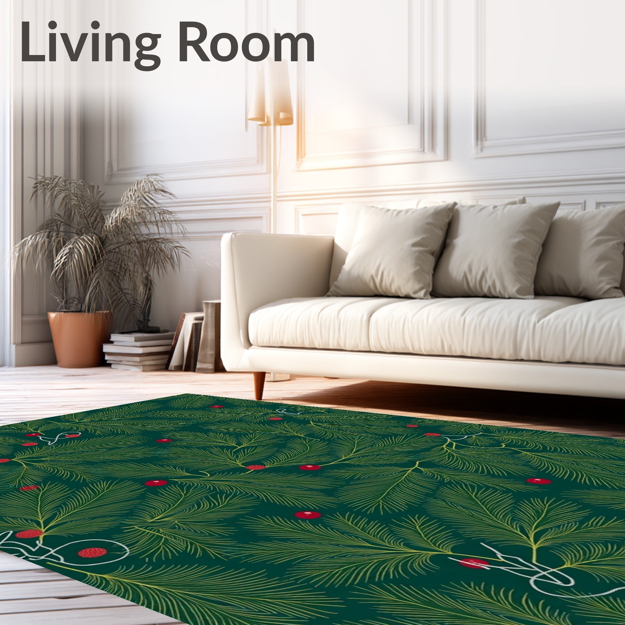 Deep Green Evergreen Berry Branch Rug