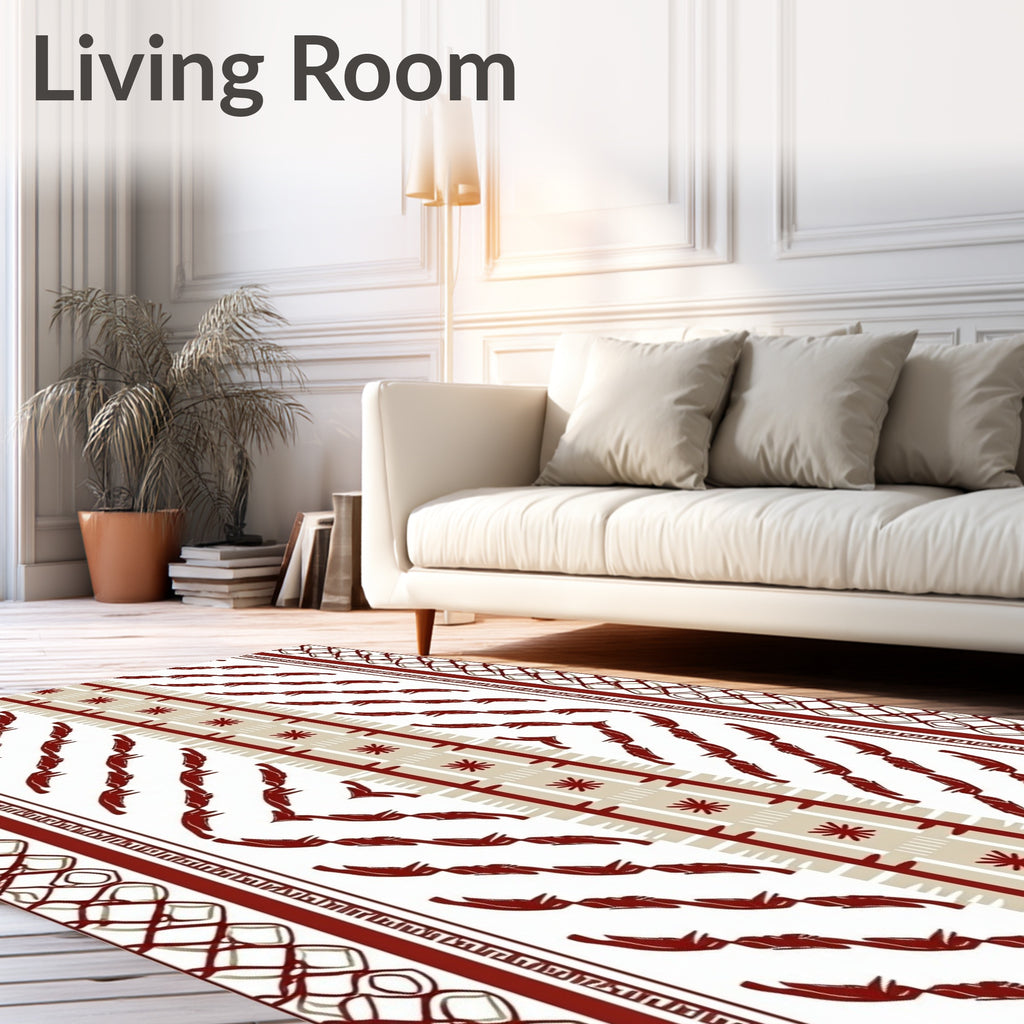 Crimson Feather Stripe Geometric Border Rug