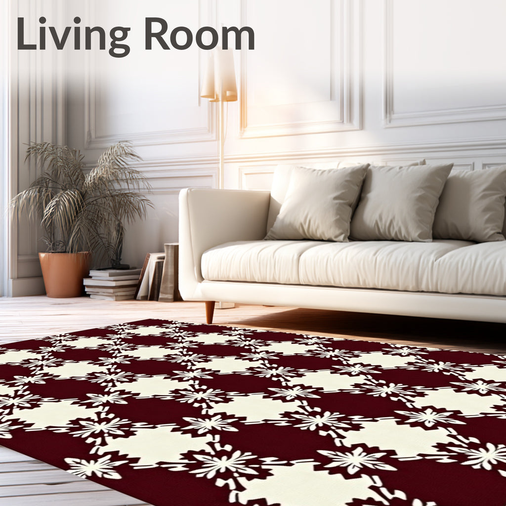 Maroon Ivory Geometric Starburst Grid Rug