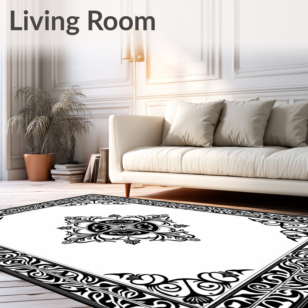 Ornate Black White Scrollwork Medallion Rug