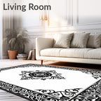 Ornate Black White Scrollwork Medallion Rug