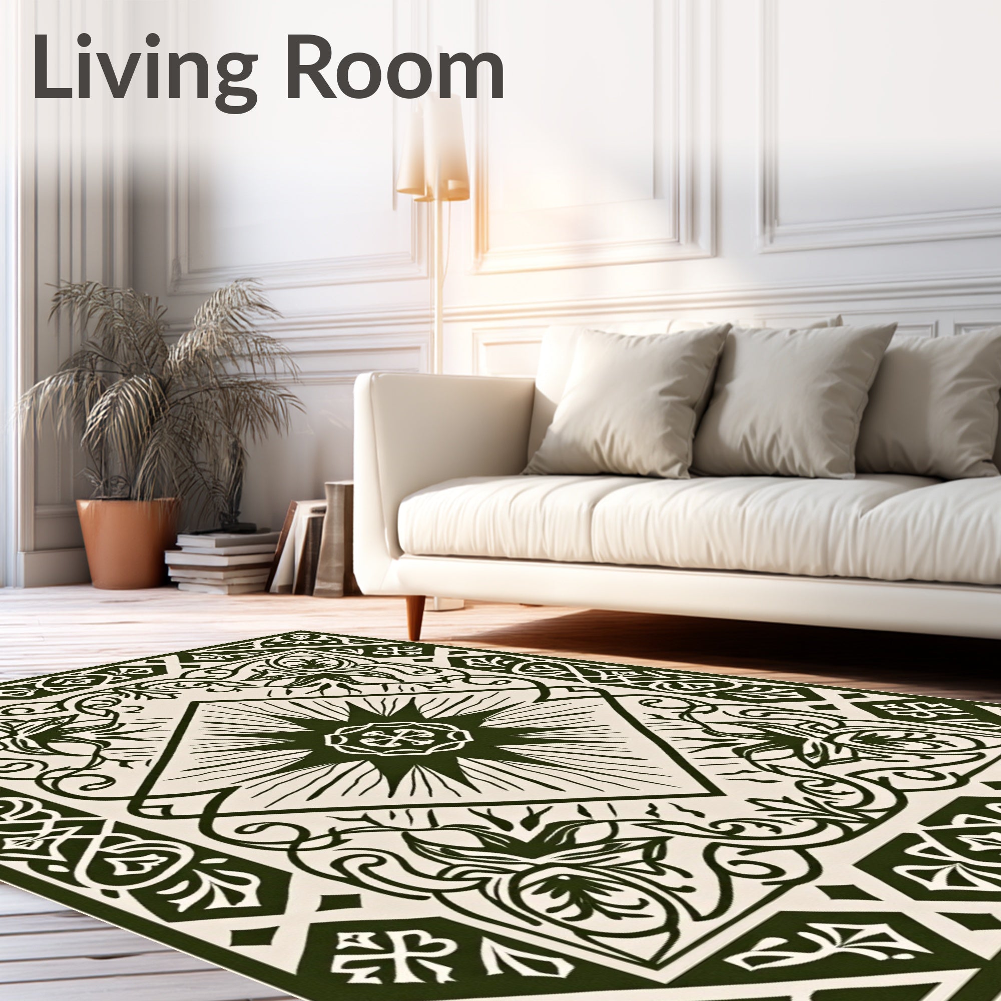 Dark Green Cream Floral Medallion Border Rug