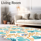 Abstract Teal Gold Leaf Swirl Rug