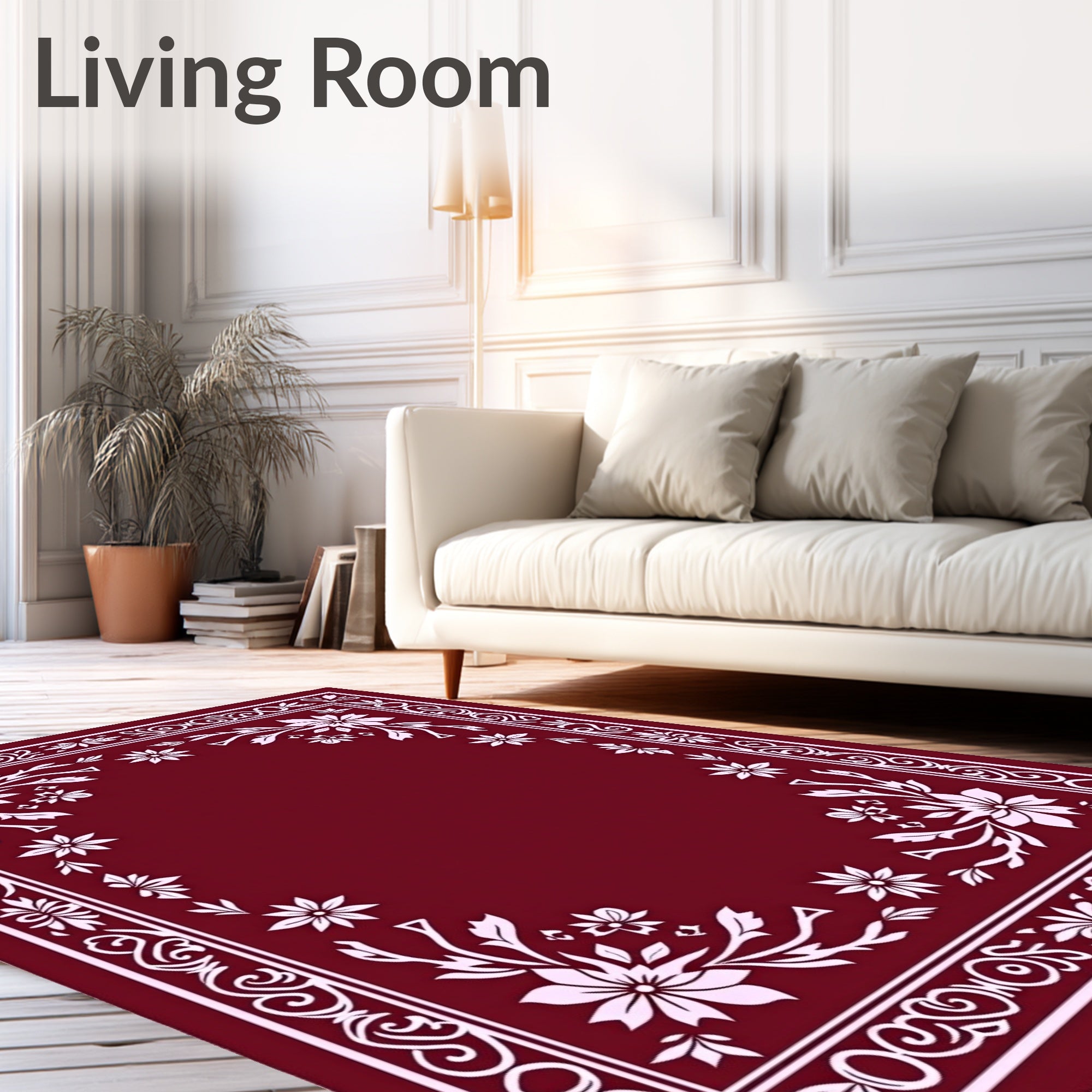 Crimson White Floral Scroll Border Rug