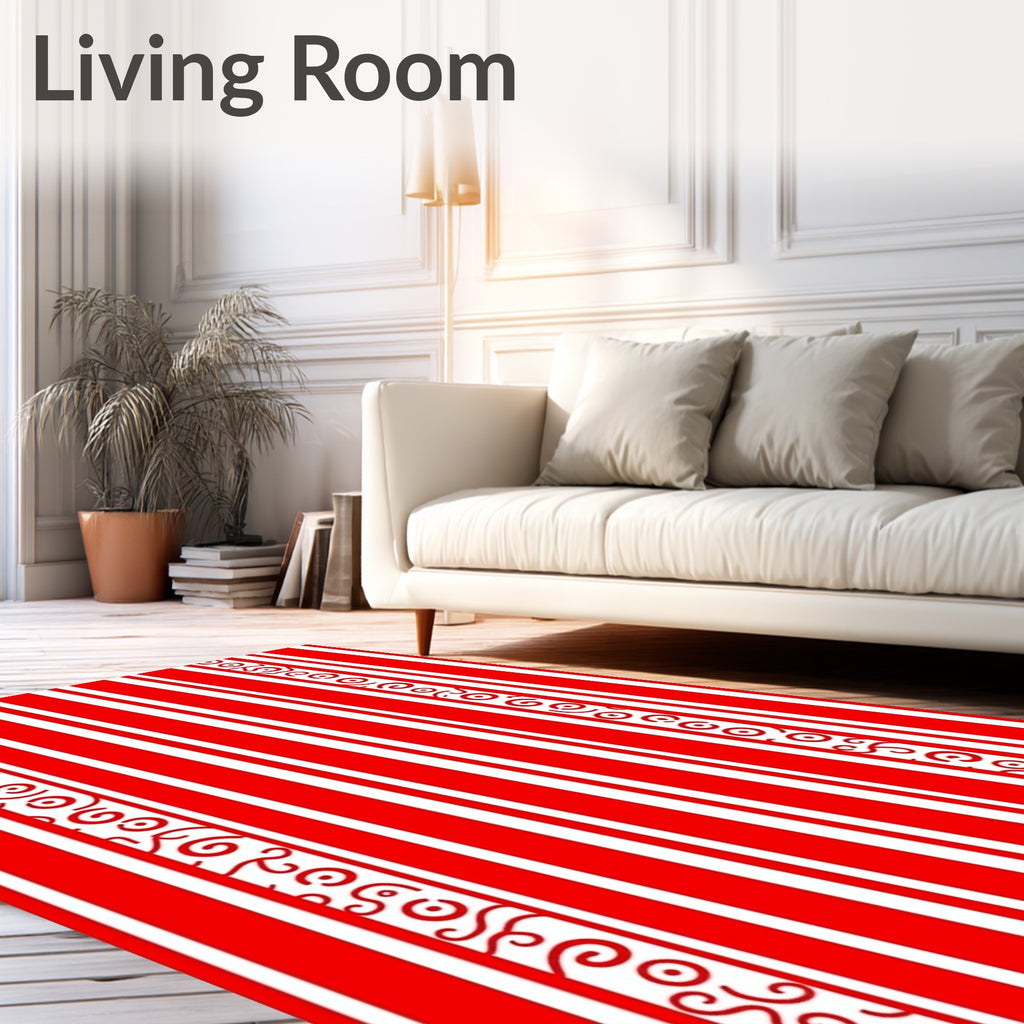 Bold Red White Vertical Stripe Scroll Rug